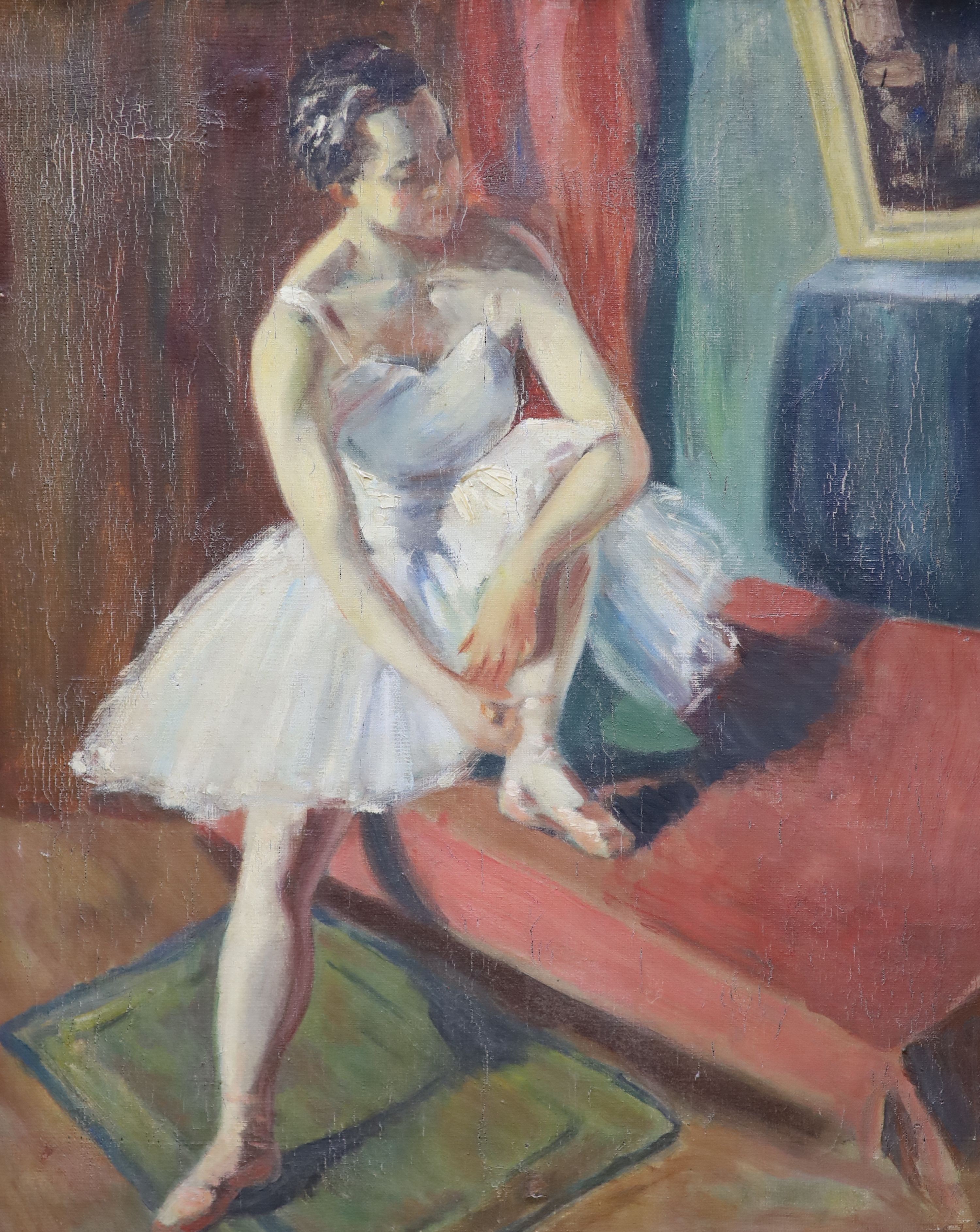 20th century French School. A ballerina tying her ribbons, oil on canvas, 24